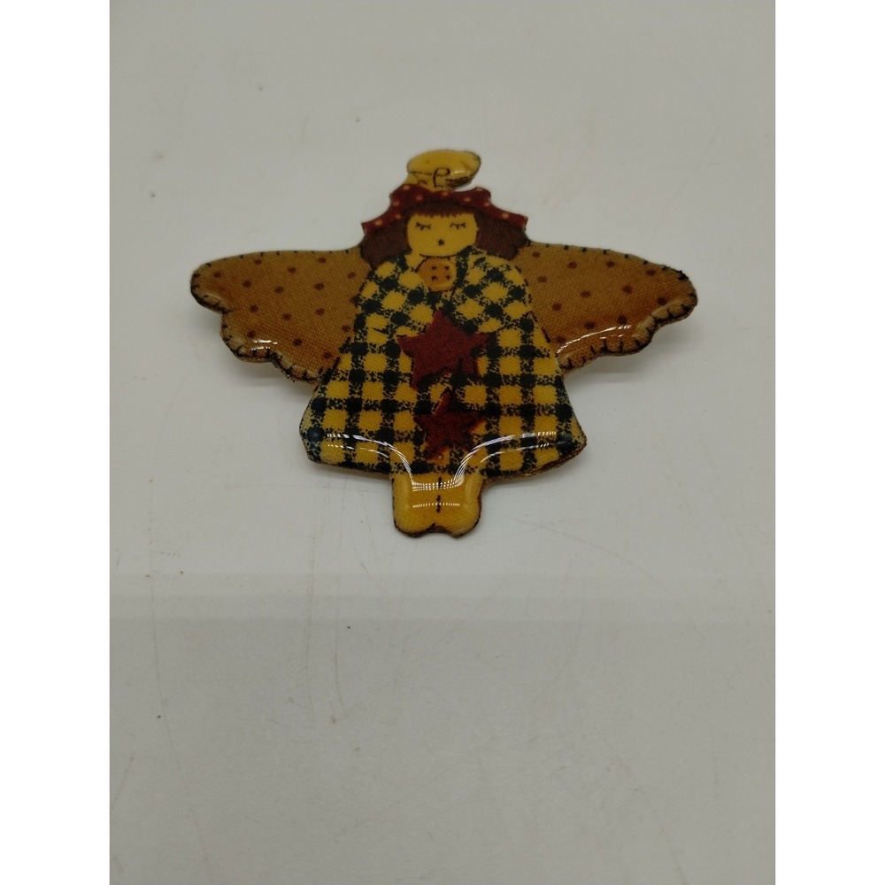 Vintage 1980's Decoupage Primitive Rustic Angel Pin Brooch 2.5 inches Christmas